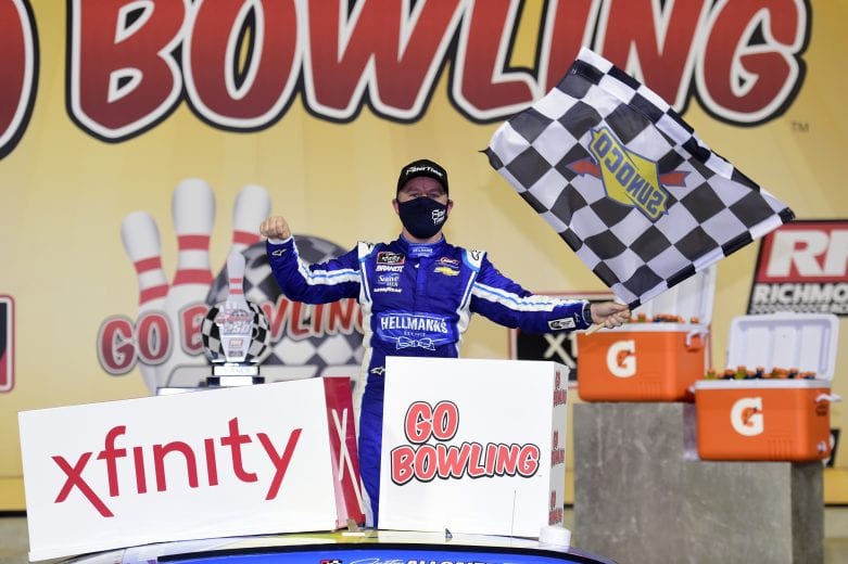 RICHMOND, VIRGINIA - SEPTEMBER 11: Justin Allgaier, driver of the #7 FilterTime Chevrolet, celebrates in Victory Lane after winning the NASCAR Xfinity Series Go Bowling 250 at Richmond Raceway on September 11, 2020 in Richmond, Virginia. (Photo by Jared C. Tilton/Getty Images) | Getty Images