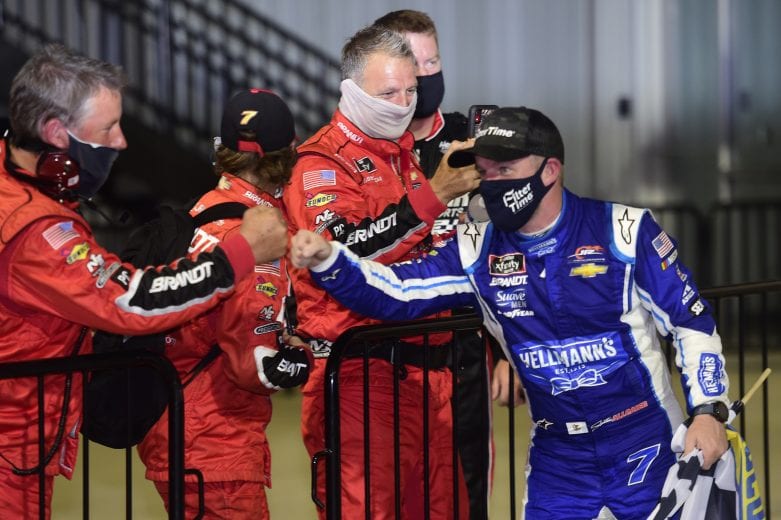 RICHMOND, VIRGINIA - SEPTEMBER 11: Justin Allgaier, driver of the #7 FilterTime Chevrolet, celebrates with crew after winning the NASCAR Xfinity Series Go Bowling 250 at Richmond Raceway on September 11, 2020 in Richmond, Virginia. (Photo by Jared C. Tilton/Getty Images) | Getty Images