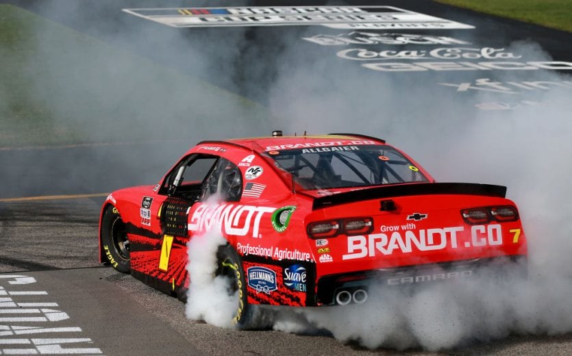 RICHMOND, VIRGINIA - SEPTEMBER 12: Justin Allgaier, driver of the #7 BRANDT Chevrolet, celebrates with a burnout after winning the NASCAR Xfinity Series Virginia is for Racing Lovers 250 at Richmond Raceway on September 12, 2020 in Richmond, Virginia. (Photo by Sean Gardner/Getty Images) | Getty Images