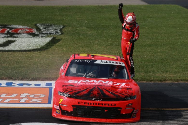 RICHMOND, VIRGINIA - SEPTEMBER 12: Justin Allgaier, driver of the #7 BRANDT Chevrolet, celebrates after winning the NASCAR Xfinity Series Virginia is for Racing Lovers 250 at Richmond Raceway on September 12, 2020 in Richmond, Virginia. (Photo by Sean Gardner/Getty Images) | Getty Images