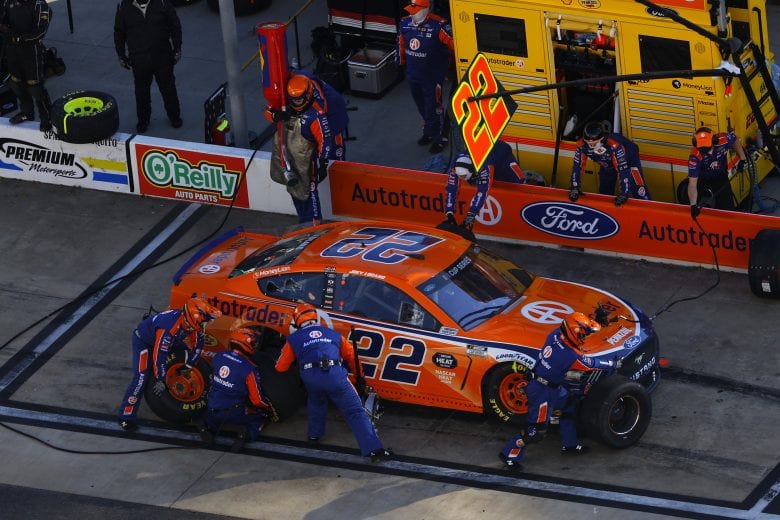 BRISTOL, TENNESSEE - MAY 31: Joey Logano, driver of the #22 Autotrader Ford, pits during the NASCAR Cup Series Food City presents the Supermarket Heroes 500 at Bristol Motor Speedway on May 31, 2020 in Bristol, Tennessee. (Photo by Kevin C. Cox/Getty Images) | Getty Images