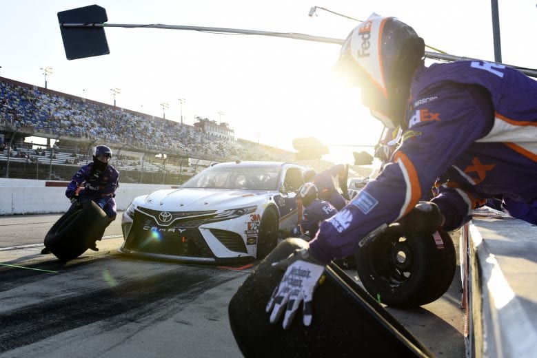 DARLINGTON, SOUTH CAROLINA - SEPTEMBER 06: Denny Hamlin, driver of the #11 Federal Express Toyota, pits during the NASCAR Cup Series Cook Out Southern 500 at Darlington Raceway on September 06, 2020 in Darlington, South Carolina. (Photo by Jared C. Tilton/Getty Images) | Getty Images