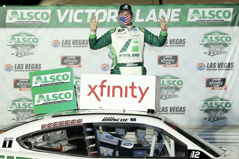 LAS VEGAS, NEVADA - SEPTEMBER 26: Chase Briscoe, driver of the #98 FIELDS Ford, celebrates in Victory Lane after winning the NASCAR Xfinity Series Alsco 300 at Las Vegas Motor Speedway on September 26, 2020 in Las Vegas, Nevada. (Photo by Chris Graythen/Getty Images) | Getty Images