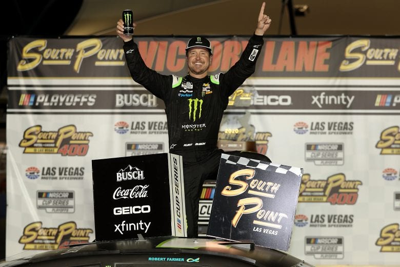 LAS VEGAS, NEVADA - SEPTEMBER 27: Kurt Busch, driver of the #1 Monster Energy Chevrolet, celebrates in Victory Lane after winning the NASCAR Cup Series South Point 400 at Las Vegas Motor Speedway on September 27, 2020 in Las Vegas, Nevada. (Photo by Chris Graythen/Getty Images) | Getty Images
