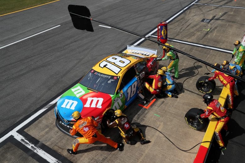 TALLADEGA, ALABAMA - OCTOBER 04: Kyle Busch, driver of the #18 M&M's Toyota, pits during the NASCAR Cup Series YellaWood 500 at Talladega Superspeedway on October 04, 2020 in Talladega, Alabama. (Photo by Chris Graythen/Getty Images) | Getty Images