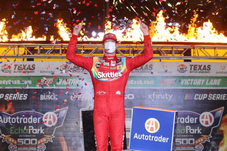 FORT WORTH, TEXAS - OCTOBER 28: Kyle Busch, driver of the #18 Skittles Zombie Toyota, celebrates in victory lane after winning the NASCAR Cup Series Autotrader EchoPark Automotive 500 at Texas Motor Speedway on October 28, 2020 in Fort Worth, Texas. (Photo by Chris Graythen/Getty Images) | Getty Images