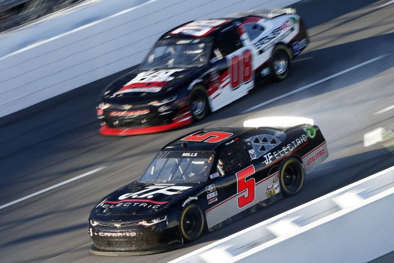 MARTINSVILLE, VIRGINIA - OCTOBER 31: Matt Mills, driver of the #5 JF Electric Toyota, and Joe Graf Jr, driver of the #08 EAT SLEEP RACE Chevrolet, race during the NASCAR Xfinity Series Draft Top 250 at Martinsville Speedway on October 31, 2020 in Martinsville, Virginia. (Photo by Brian Lawdermilk/Getty Images) | Getty Images