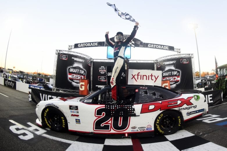 MARTINSVILLE, VIRGINIA - OCTOBER 31: Harrison Burton, driver of the #20 DEX Imaging Toyota, celebrates in victory lane after winning the NASCAR Xfinity Series Draft Top 250 at Martinsville Speedway on October 31, 2020 in Martinsville, Virginia. (Photo by Jared C. Tilton/Getty Images) | Getty Images