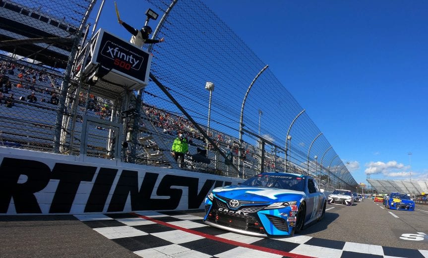 MARTINSVILLE, VIRGINIA - NOVEMBER 01: Martin Truex Jr., driver of the #19 Auto-Owners Insurance Toyota, leads the field on a pace lap prior to the NASCAR Cup Series Xfinity 500 at Martinsville Speedway on November 01, 2020 in Martinsville, Virginia. (Photo by Jared C. Tilton/Getty Images) | Getty Images