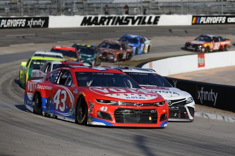 MARTINSVILLE, VIRGINIA - NOVEMBER 01: Bubba Wallace, driver of the #43 DoorDash Chevrolet, leads the field during the NASCAR Cup Series Xfinity 500 at Martinsville Speedway on November 01, 2020 in Martinsville, Virginia. (Photo by Brian Lawdermilk/Getty Images) | Getty Images