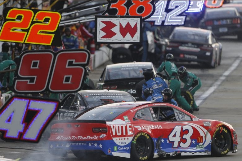 MARTINSVILLE, VIRGINIA - NOVEMBER 01: Bubba Wallace, driver of the #43 DoorDash Chevrolet, exits pit road during the NASCAR Cup Series Xfinity 500 at Martinsville Speedway on November 01, 2020 in Martinsville, Virginia. (Photo by Brian Lawdermilk/Getty Images) | Getty Images