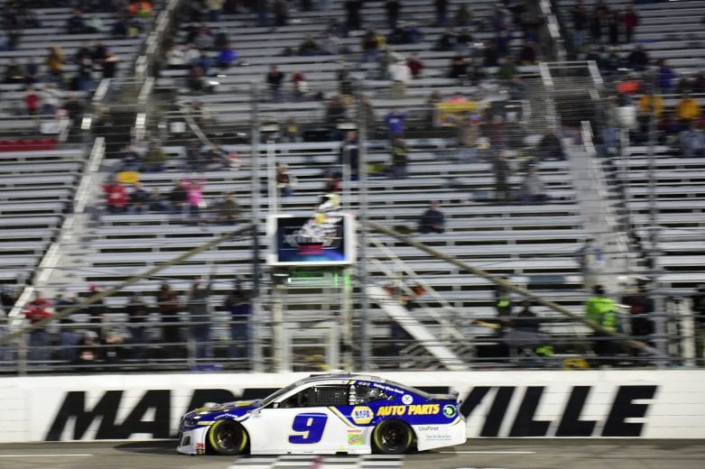 MARTINSVILLE, VIRGINIA - NOVEMBER 01: Chase Elliott, driver of the #9 NAPA Auto Parts Chevrolet, crosses the finish line to win the NASCAR Cup Series Xfinity 500 at Martinsville Speedway on November 01, 2020 in Martinsville, Virginia. (Photo by Jared C. Tilton/Getty Images) | Getty Images