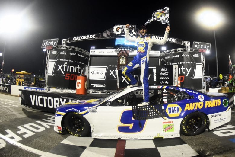 MARTINSVILLE, VIRGINIA - NOVEMBER 01: Chase Elliott, driver of the #9 NAPA Auto Parts Chevrolet, celebrates in victory lane after winning  the NASCAR Cup Series Xfinity 500 at Martinsville Speedway on November 01, 2020 in Martinsville, Virginia. (Photo by Jared C. Tilton/Getty Images) | Getty Images