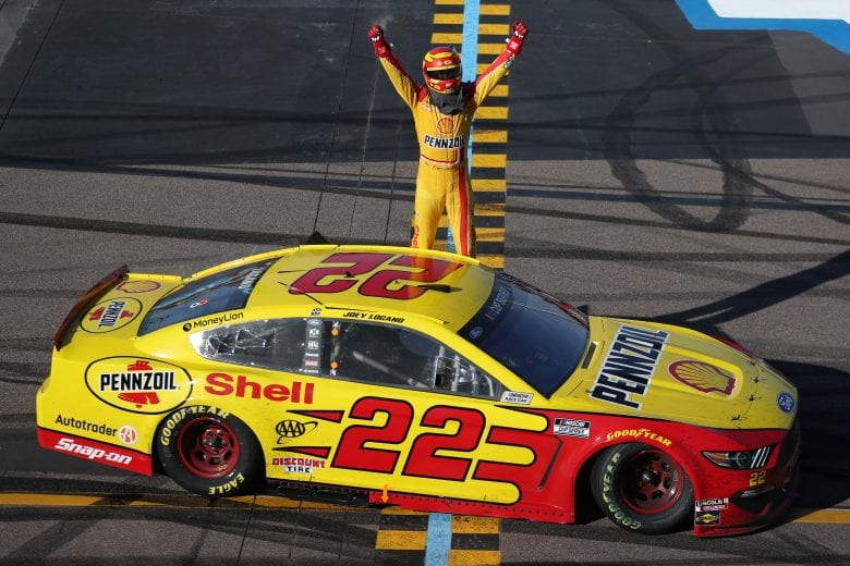 AVONDALE, ARIZONA - MARCH 08: Joey Logano, driver of the #22 Shell Pennzoil Ford, celebrates after winning the NASCAR Cup Series FanShield 500 at Phoenix Raceway on March 08, 2020 in Avondale, Arizona. (Photo by Chris Graythen/Getty Images) | Getty Images
