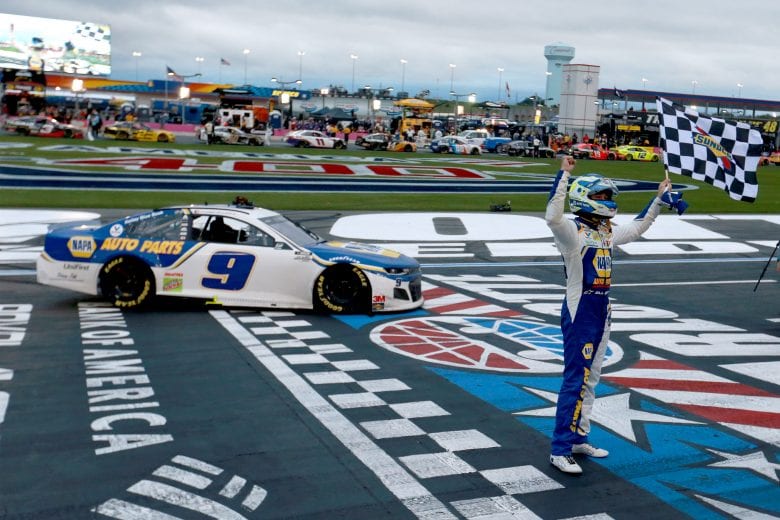 CONCORD, NORTH CAROLINA - OCTOBER 11: Chase Elliott, driver of the #9 NAPA Auto Parts Chevrolet, celebrates after winning the NASCAR Cup Series Bank of America ROVAL 400 at Charlotte Motor Speedway on October 11, 2020 in Concord, North Carolina. (Photo by Sean Gardner/Getty Images) | Getty Images
