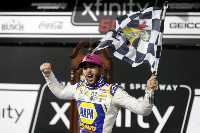MARTINSVILLE, VIRGINIA - NOVEMBER 01: Chase Elliott, driver of the #9 NAPA Auto Parts Chevrolet, celebrates in victory lane after winning the NASCAR Cup Series Xfinity 500 at Martinsville Speedway on November 01, 2020 in Martinsville, Virginia. (Photo by Brian Lawdermilk/Getty Images) | Getty Images