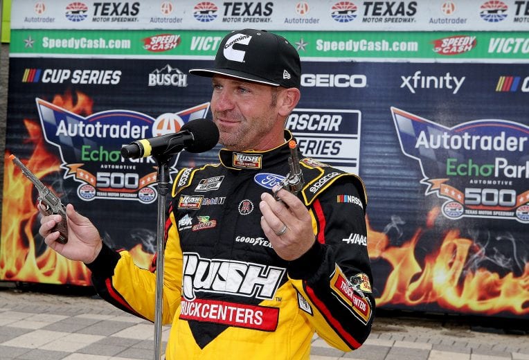 FORT WORTH, TEXAS - OCTOBER 25: Clint Bowyer, driver of the #14 Rush Truck Centers/Cummins Ford, speaks to the media during his Texas Motor Speedway retirement presentation prior to the NASCAR Cup Series Autotrader EchoPark Automotive 500 at Texas Motor Speedway on October 25, 2020 in Fort Worth, Texas. Clint Bowyer is scheduled to retire from full-time NASCAR racing after the 2020 season, (Photo by Chris Graythen/Getty Images) | Getty Images