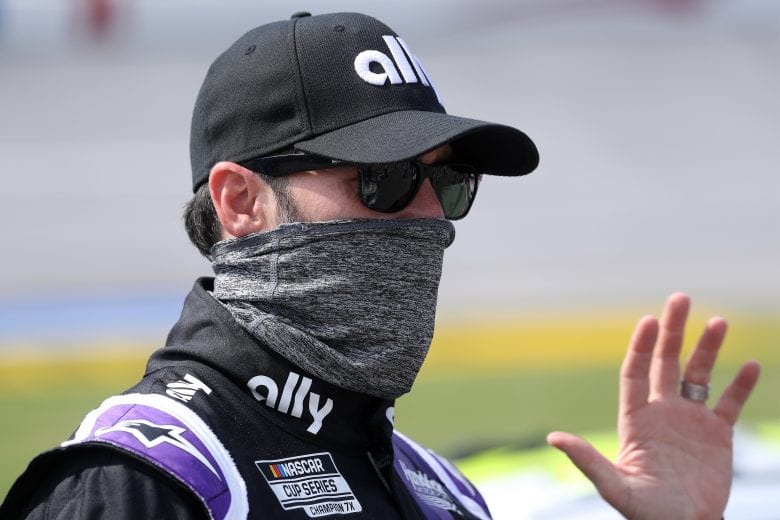 TALLADEGA, ALABAMA - OCTOBER 04: Jimmie Johnson, driver of the #48 Ally Chevrolet, waves from the grid prior to the NASCAR Cup Series YellaWood 500 at Talladega Superspeedway on October 04, 2020 in Talladega, Alabama. (Photo by Chris Graythen/Getty Images) | Getty Images