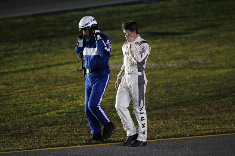 HOMESTEAD, FL - NOVEMBER 20:  Carl Edwards, driver of the #19 ARRIS Toyota, walks to the infield after being involved in an on-track incident during the NASCAR Sprint Cup Series Ford EcoBoost 400 at Homestead-Miami Speedway on November 20, 2016 in Homestead, Florida.  (Photo by Chris Trotman/Getty Images) | Getty Images