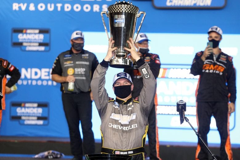 AVONDALE, ARIZONA - NOVEMBER 06: Sheldon Creed, driver of the #2 Chevy Accessories/Trench Shoring Chevrolet, celebrates in victory lane after winning the NASCAR Gander RV & Outdoors Truck Series Lucas Oil 150 at Phoenix Raceway on November 06, 2020 in Avondale, Arizona. (Photo by Chris Graythen/Getty Images) | Getty Images