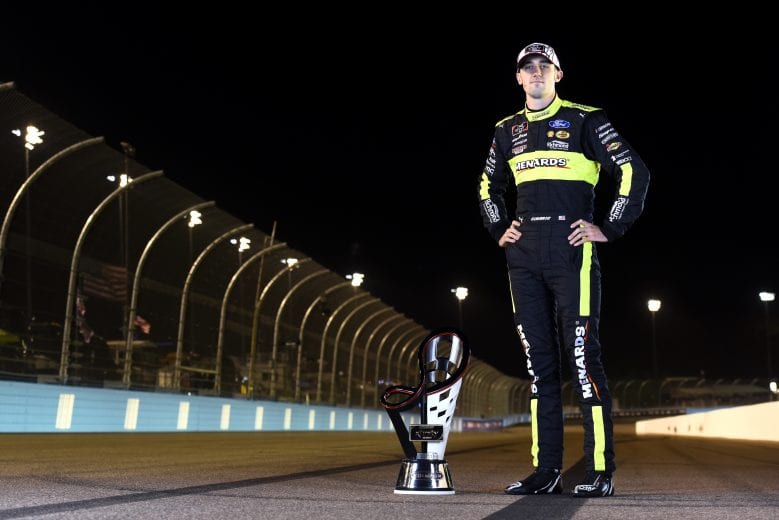 AVONDALE, ARIZONA - NOVEMBER 07: Austin Cindric, driver of the #22 Menards/Richmond Ford, poses for a photo after winning the NASCAR Xfinity Series Desert Diamond Casino West Valley 200 and the 2020 NASCAR Xfinity Series Championship at Phoenix Raceway on November 07, 2020 in Avondale, Arizona. (Photo by Jared C. Tilton/Getty Images) | Getty Images