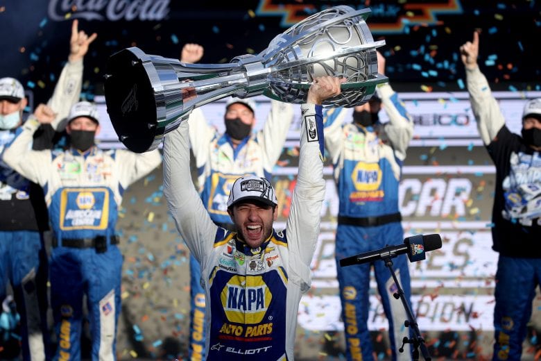 AVONDALE, ARIZONA - NOVEMBER 08: Chase Elliott, driver of the #9 NAPA Auto Parts Chevrolet, celebrates in victory lane after winning the NASCAR Cup Series Season Finale 500 and the 2020 NASCAR Cup Series Championship at Phoenix Raceway on November 08, 2020 in Avondale, Arizona. (Photo by Chris Graythen/Getty Images) | Getty Images