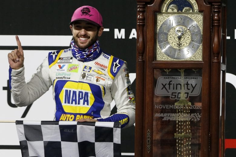 MARTINSVILLE, VIRGINIA - NOVEMBER 01: Chase Elliott, driver of the #9 NAPA Auto Parts Chevrolet, celebrates in victory lane after winning the NASCAR Cup Series Xfinity 500 at Martinsville Speedway on November 01, 2020 in Martinsville, Virginia. (Photo by Brian Lawdermilk/Getty Images) | Getty Images