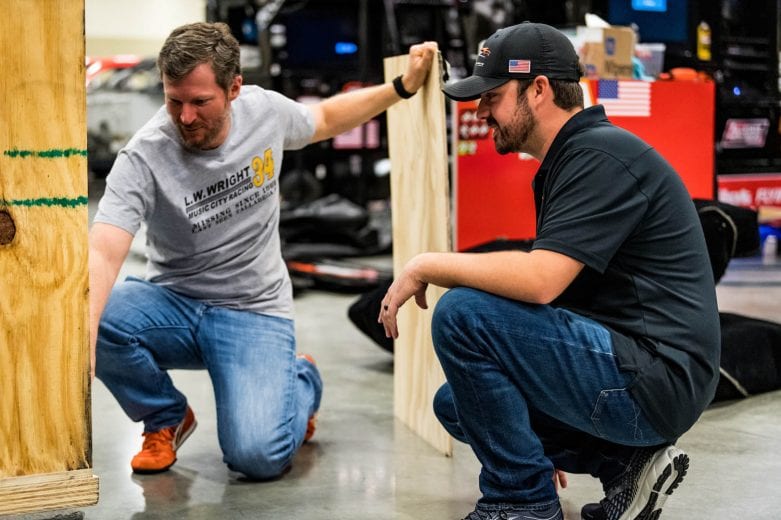 Advance Auto Parts delivers the weekly series championship trophy to Josh Berry, driver of the #88 All Things Automotive Chevrolet, (driver) and Dale Earnhardt Jr. (car owner) at the JR Motorsports facility in Mooresville, NC. November 17, 2020. (Reagen Lunn/NASCAR)