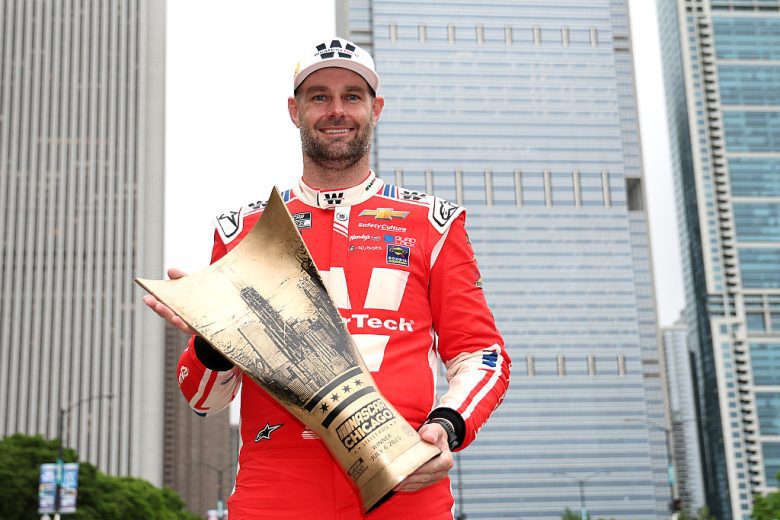 Shane van Gisbergen celebrates after winning at Chicago.