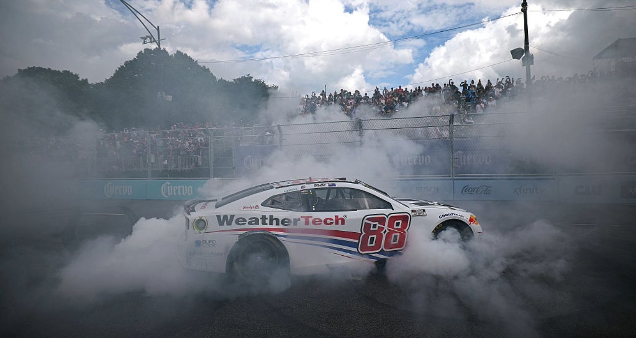 Shane van Gisbergen does a burnout at Chicago.