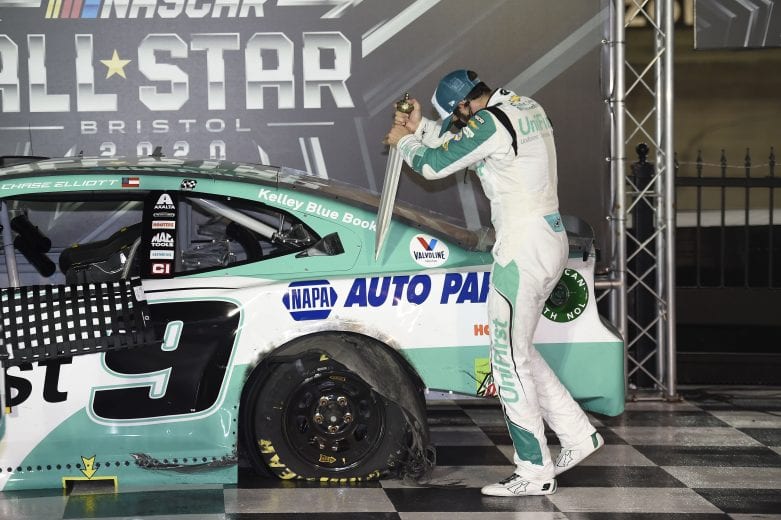 BRISTOL, TENNESSEE - JULY 15: Chase Elliott, driver of the #9 UniFirst Chevrolet, celebrates in Victory Lane after winning the NASCAR Cup Series All-Star Race at Bristol Motor Speedway on July 15, 2020 in Bristol, Tennessee. (Photo by Jared C. Tilton/Getty Images) | Getty Images