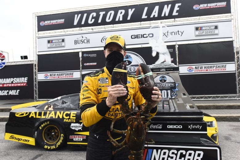LOUDON, NEW HAMPSHIRE - AUGUST 02: Brad Keselowski, driver of the #2 Western Star/Alliance Parts Ford, poses for a photo with Loudon the Lobster in Victory Lane after winning the NASCAR Cup Series Foxwoods Resort Casino 301 at New Hampshire Motor Speedway on August 02, 2020 in Loudon, New Hampshire. (Photo by Jared C. Tilton/Getty Images) | Getty Images