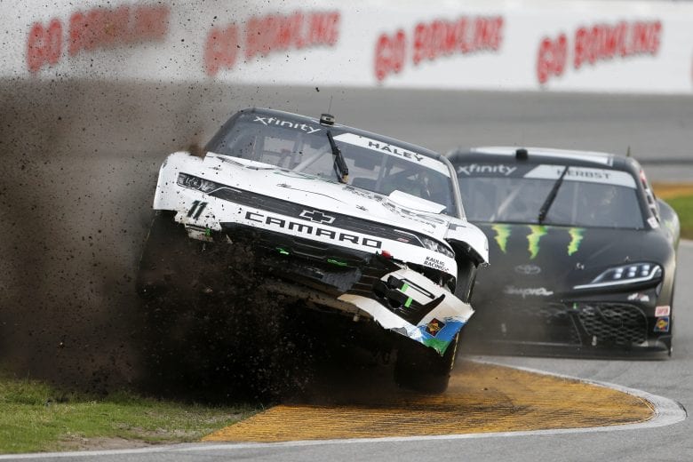 DAYTONA BEACH, FLORIDA - AUGUST 15: Justin Haley, driver of the #11 LeafFilter Gutter Protection Chevrolet, wrecks during the NASCAR Xfinity Series UNOH 188 at Daytona International Speedway on August 15, 2020 in Daytona Beach, Florida. (Photo by Brian Lawdermilk/Getty Images) | Getty Images
