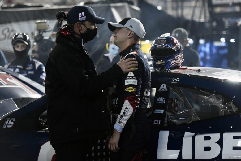 BRISTOL, TENNESSEE - SEPTEMBER 19: William Byron, driver of the #24 Liberty University Chevrolet, is embraced by crew crew chief Chad Knaus in the garage after an on-track incident during the NASCAR Cup Series Bass Pro Shops Night Race at Bristol Motor Speedway on September 19, 2020 in Bristol, Tennessee. (Photo by Jared C. Tilton/Getty Images) | Getty Images