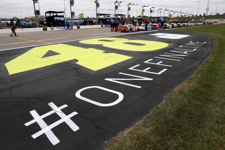 KANSAS CITY, KANSAS - OCTOBER 18: A detail of the asphalt stencil reading,