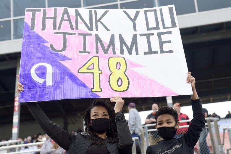 FORT WORTH, TEXAS - OCTOBER 25: Fans displays a sign of gratitude to driver Jimmie Johnson, who is scheduled to retire from full-time NASCAR racing after the 2020 season, prior to the NASCAR Cup Series Autotrader EchoPark Automotive 500 at Texas Motor Speedway on October 25, 2020 in Fort Worth, Texas. (Photo by Jared C. Tilton/Getty Images) | Getty Images