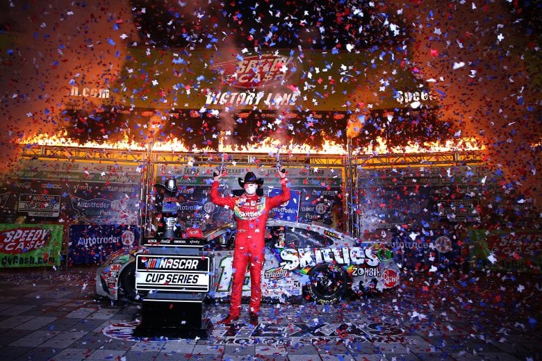 FORT WORTH, TEXAS - OCTOBER 28: Kyle Busch, driver of the #18 Skittles Zombie Toyota, celebrates in victory lane after winning the NASCAR Cup Series Autotrader EchoPark Automotive 500 at Texas Motor Speedway on October 28, 2020 in Fort Worth, Texas. (Photo by Chris Graythen/Getty Images) | Getty Images