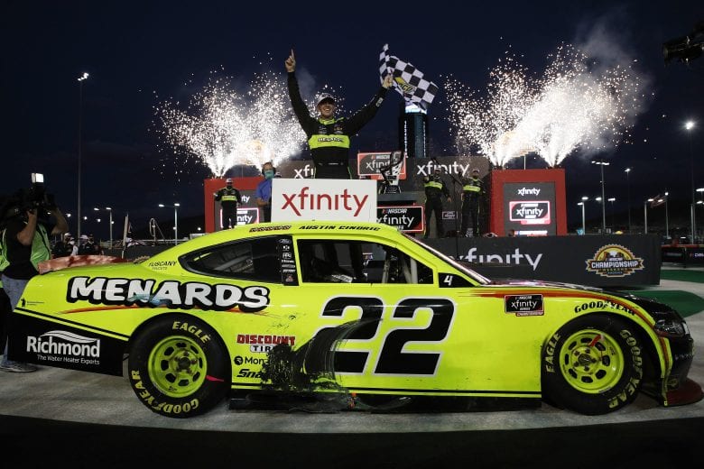 AVONDALE, ARIZONA - NOVEMBER 07: Austin Cindric, driver of the #22 Menards/Richmond Ford, celebrates in victory lane after winning the NASCAR Xfinity Series Desert Diamond Casino West Valley 200 and the 2020 NASCAR Xfinity Series Championship at Phoenix Raceway on November 07, 2020 in Avondale, Arizona. (Photo by Chris Graythen/Getty Images) | Getty Images