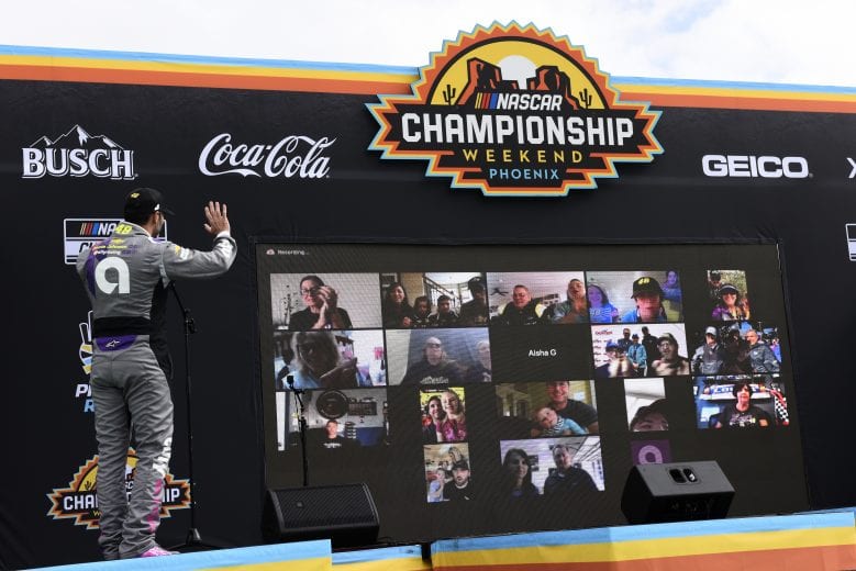 AVONDALE, ARIZONA - NOVEMBER 08: Jimmie Johnson, driver of the #48 Ally Chevrolet, views fans on screen during pre-race ceremonies prior to the NASCAR Cup Series Season Finale 500 at Phoenix Raceway on November 08, 2020 in Avondale, Arizona. Jimmie Johnson is scheduled to retire from full-time NASCAR racing after 2020. (Photo by Jared C. Tilton/Getty Images) | Getty Images