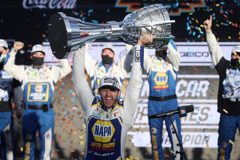 AVONDALE, ARIZONA - NOVEMBER 08: Chase Elliott, driver of the #9 NAPA Auto Parts Chevrolet, celebrates in victory lane after winning the NASCAR Cup Series Season Finale 500 and the 2020 NASCAR Cup Series Championship at Phoenix Raceway on November 08, 2020 in Avondale, Arizona. (Photo by Chris Graythen/Getty Images) | Getty Images