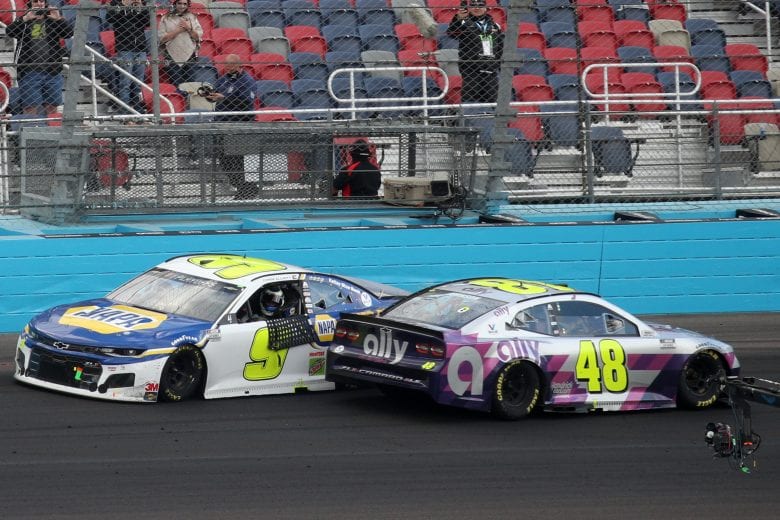 AVONDALE, ARIZONA - NOVEMBER 08: Chase Elliott, driver of the #9 NAPA Auto Parts Chevrolet, is congratulated by Jimmie Johnson, driver of the #48 Ally Chevrolet, after winning the NASCAR Cup Series Season Finale 500 and the 2020 NASCAR Cup Series Championship at Phoenix Raceway on November 08, 2020 in Avondale, Arizona. (Photo by Chris Graythen/Getty Images) | Getty Images