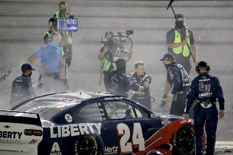 DAYTONA BEACH, FLORIDA - AUGUST 29: William Byron, driver of the #24 Liberty University Chevrolet, celebrates with his team after winning the NASCAR Cup Series Coke Zero Sugar 400 at Daytona International Speedway on August 29, 2020 in Daytona Beach, Florida. (Photo by Chris Graythen/Getty Images) | Getty Images