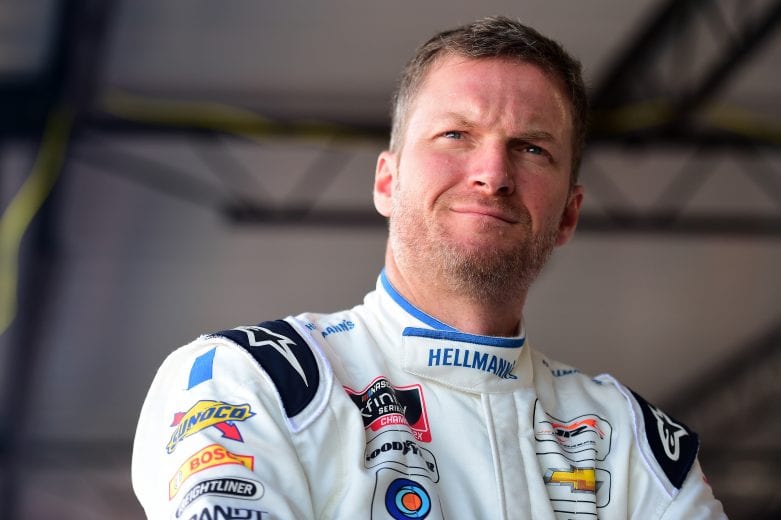 DARLINGTON, SOUTH CAROLINA - AUGUST 30: Dale Earnhardt Jr., driver of the #8 Hellmann's Chevrolet, stands in the garage area during practice for the NASCAR Xfinity Series Sport Clips Haircuts VFW 200 at Darlington Raceway on August 30, 2019 in Darlington, South Carolina. (Photo by Jared C. Tilton/Getty Images) | Getty Images