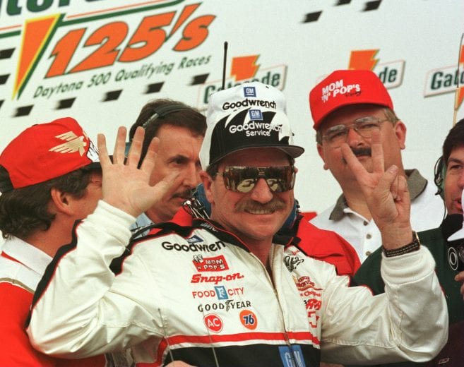 15 Feb 1996: Dale Earnhardt celebrates his seventh Gatorade125 Qualifying race as he chases the remarkable 500th win, at the Daytona International Speedway in Daytona Beach, Florida. Mandatory Credit: David Taylor/Allsport