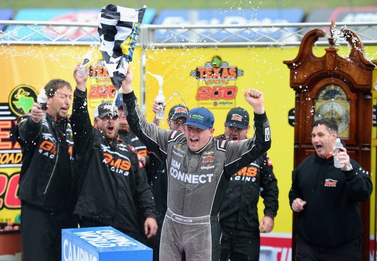 MARTINSVILLE, VA - OCTOBER 27:  Johnny Sauter, driver of the #21 ISM Connect Chevrolet, celebrates in Victory Lane after winning the NASCAR Camping World Truck Series Texas Roadhouse 200 presented by Alpha Energy Solutions at Martinsville Speedway on October 27, 2018 in Martinsville, Virginia.  (Photo by Jared C. Tilton/Getty Images) | Getty Images