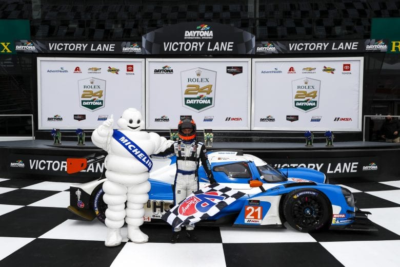 #21 Muehlner Motorsports America Duqueine M30-D08, P3-1: Moritz Kranz, Laurents Hoerr, podium, winner, Bibendum, Michelin Man