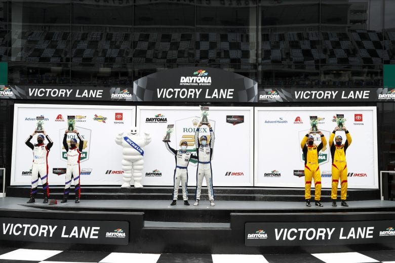 Podium:#21: Muehlner Motorsports America Duqueine M30-D08, P3-1: Moritz Kranz, Laurents Hoerr#54: MLT Motorsports Ligier JS P320, P3-1: Dakota Dickerson, Josh Sarchet#40: JDC MotorSports Duqueine M30-D08, P3-1: Keith Grant, David Grant
