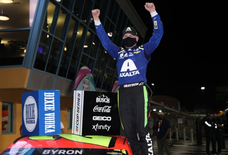 HOMESTEAD, FLORIDA - FEBRUARY 28: William Byron, driver of the #24 Axalta Chevrolet, celebrates in victory lane after winning the NASCAR Cup Series Dixie Vodka 400 at Homestead-Miami Speedway on February 28, 2021 in Homestead, Florida. (Photo by Sean Gardner/Getty Images) | Getty Images