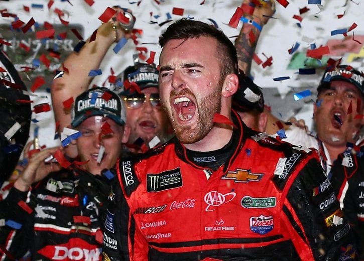 DAYTONA BEACH, FL - FEBRUARY 18:  Austin Dillon, driver of the #3 DOW Chevrolet, celebrates in Victory Lane after winning the Monster Energy NASCAR Cup Series 60th Annual Daytona 500 at Daytona International Speedway on February 18, 2018 in Daytona Beach, Florida.  (Photo by Sarah Crabill/Getty Images) | Getty Images