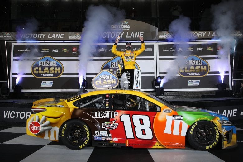 DAYTONA BEACH, FLORIDA - FEBRUARY 09: Kyle Busch, driver of the #18 M&M's Toyota, celebrates in Victory Lane after winning the NASCAR Cup Series Busch Clash at Daytona at Daytona International Speedway on February 09, 2021 in Daytona Beach, Florida. (Photo by Chris Graythen/Getty Images) | Getty Images
